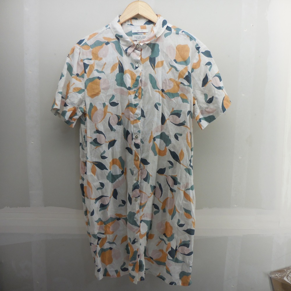 Rachel Zoe 100% Linen Short Sleeve Button Down Shirt Dress Abstract Print M